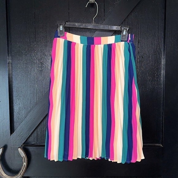 Gibson Bright Colorful Stripe Pleated Knee Length Skirt Holiday Event Party XS - Picture 6 of 14